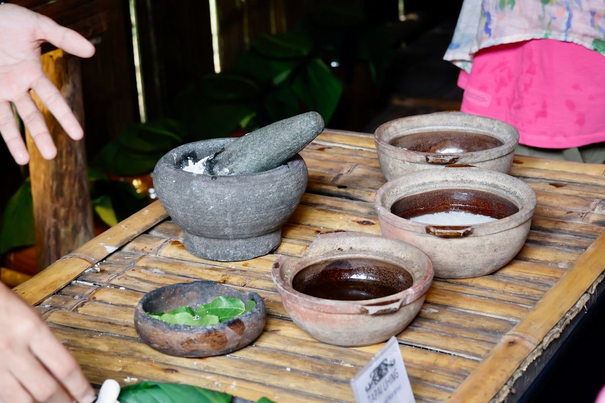 Ayurvedic herbs and clay bowls with mortar and pestle