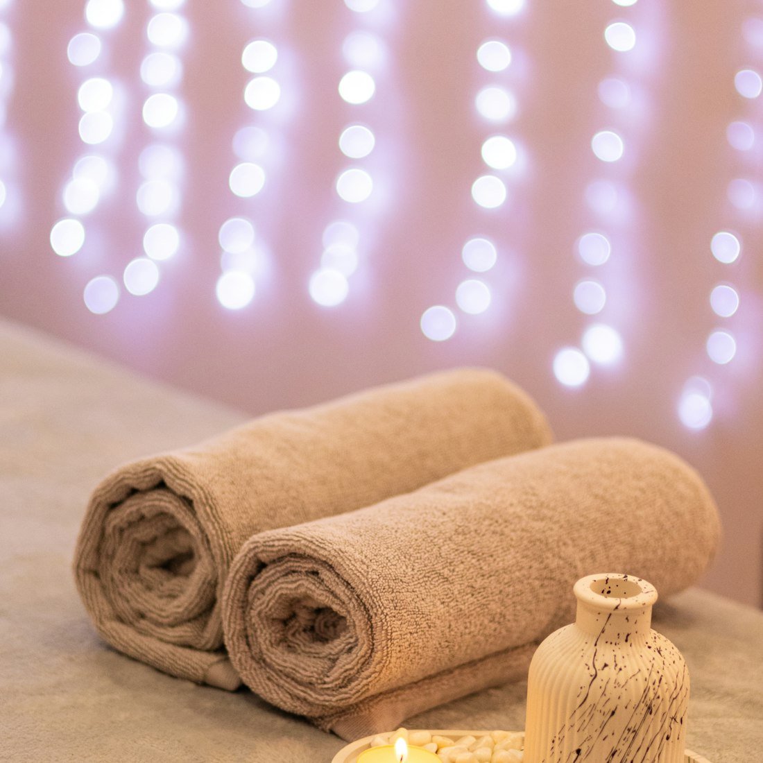Fresh linen and towels — ready for the day’s therapies